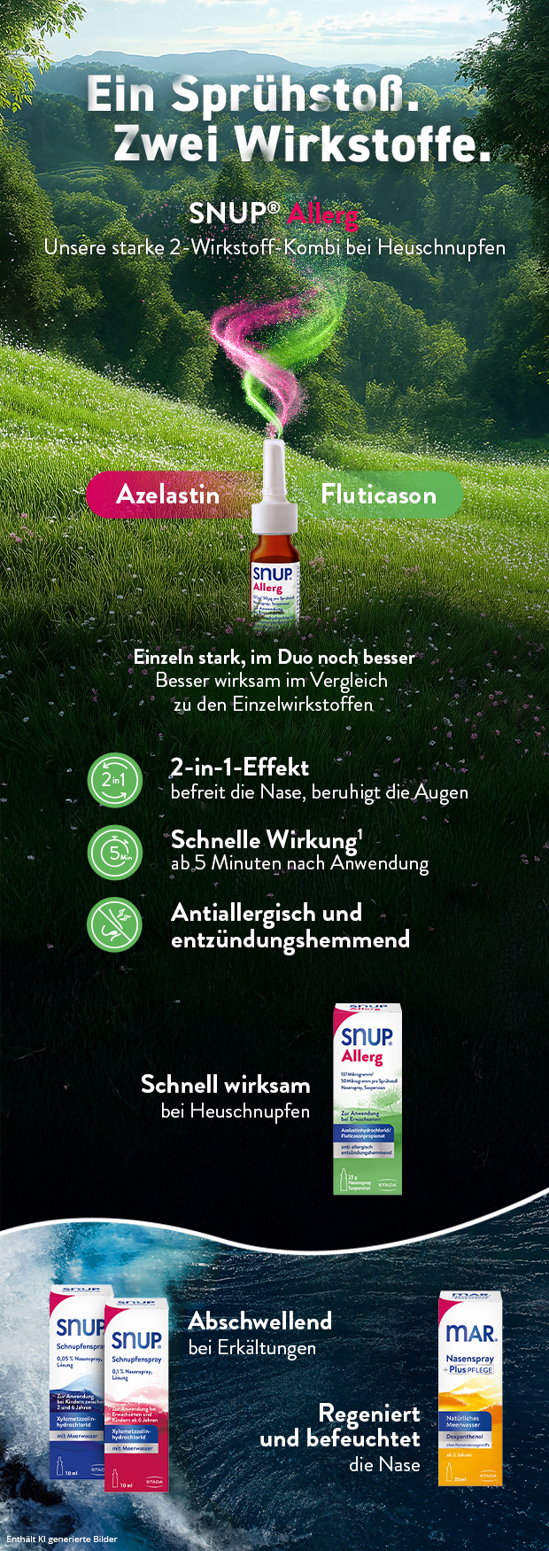 Werbebild mit SNUP® Allerg Nasenspray und anderen Nasensprays. Text: Schnell wirksam bei Heuschnupfen.